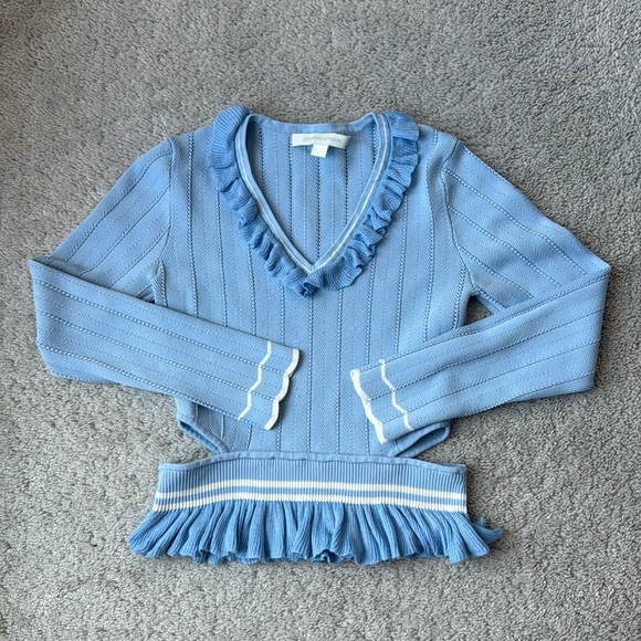 Jonathan Simkhai | Ruffle Cut-Out Long Sleeve Top | Small | Baby Blue & White - Picture 1 of 10